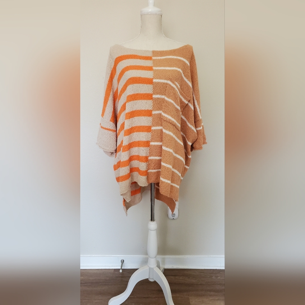 Lemons And Lace Boutique Striped Orange and Tan Poncho Shirt